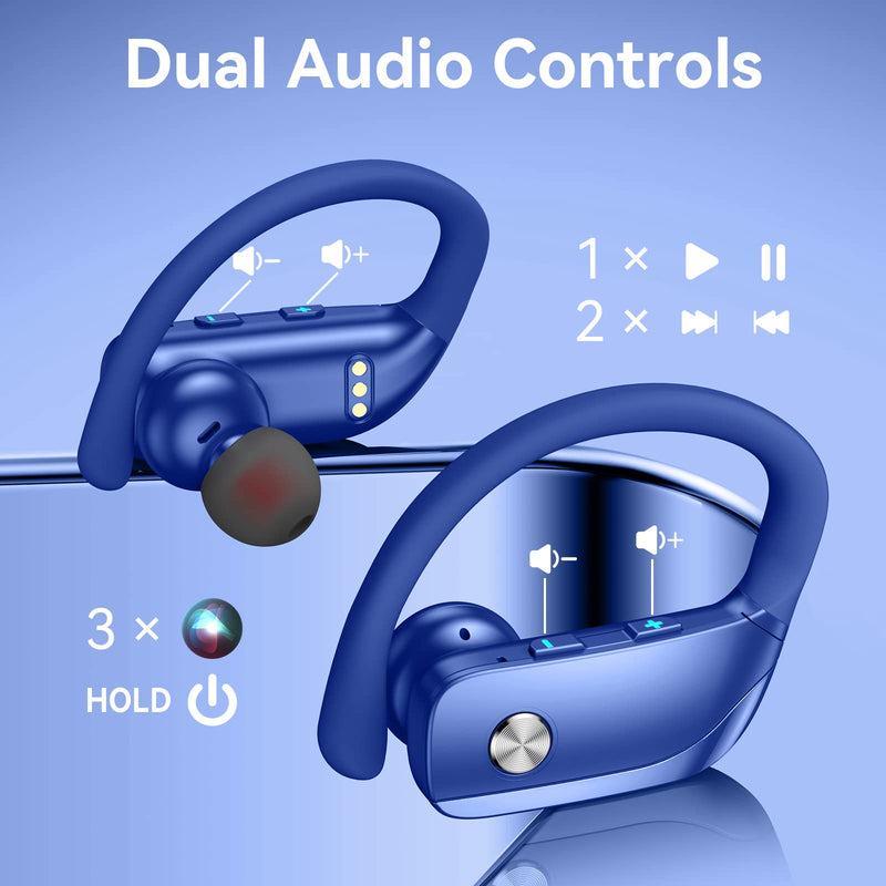 bmani 2 Sets Wireless Earbuds Bluetooth Headphones 48hrs Play Back Sport Earphones with LED Display Over-Ear Buds with Earhooks Built-in Mic Headset for Workout Purple+Blue