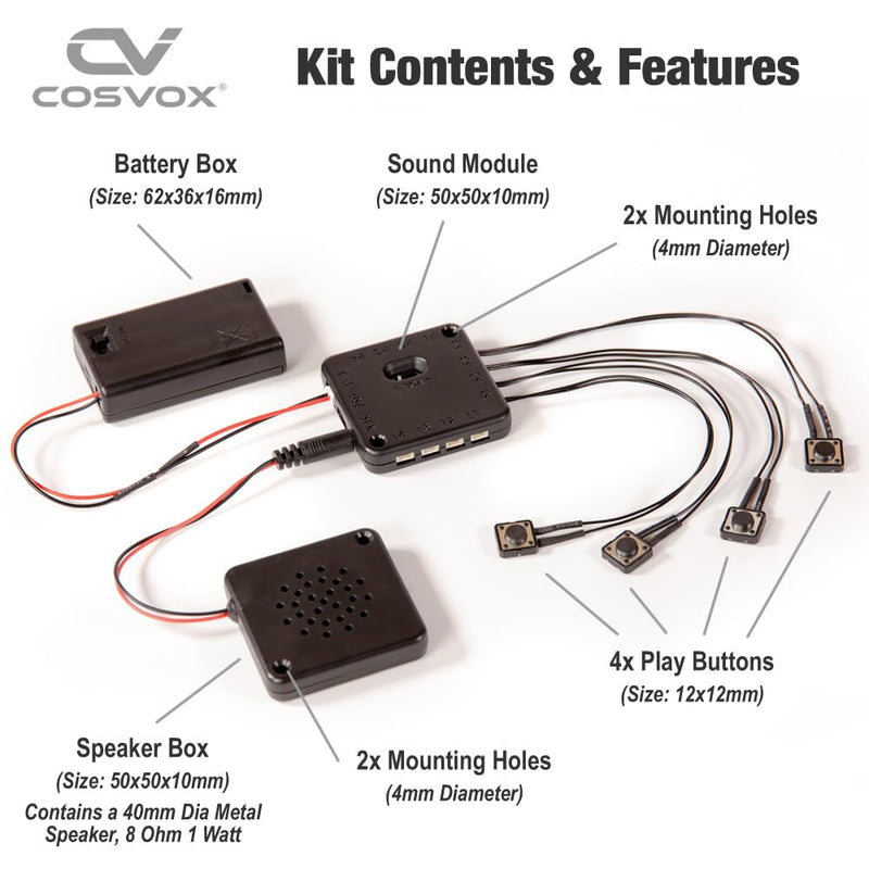 Cosplay Sound Effects Module. DIY Recordable Audio MP3 Sound Chip with 4 Push Buttons, 8MB Memory. Add Sound Effects or Music to Your Cosplay Costume Accessories, Crafts, Props and Replicas.