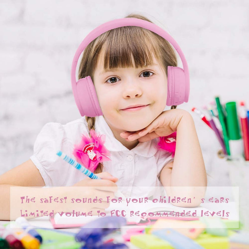 Headphones Bluetooth Wireless Kids Volume Limit 85dB /110dB Over Ear Foldable Noise Protection Headset/Wired inline AUX Cord Mic for Children Boy Girl Travel School Phone Pad Tablet PC Pink