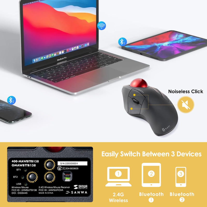 SANWA Bluetooth 5.1 + 2.4G Wireless Trackball Mouse and 44mm Trackball Replacement Ball Bundle, Programmable Rollerball Mouse, Silent Click, 600-1600 DPI, Compatible MacBook, Laptop, Windows, macOS