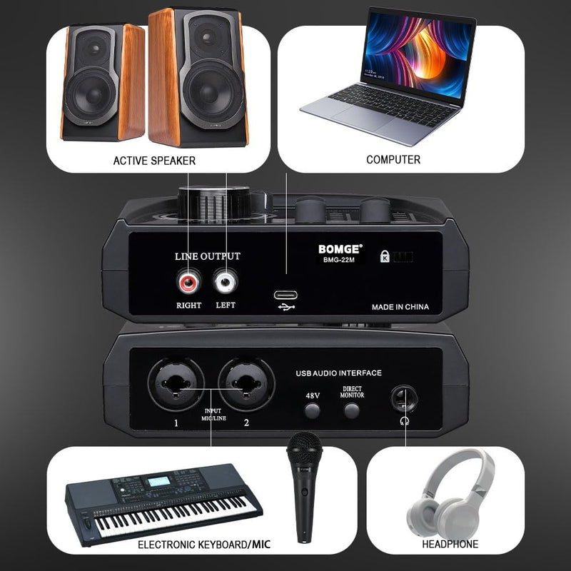BOMGE mini 2 Channel USB Audio Interface for Recording, Streaming and Podcasting, with XLR/48V Phantom Power,Studio Quality Audio Interface for Guitarist, Vocalist, Podcaster or Producer
