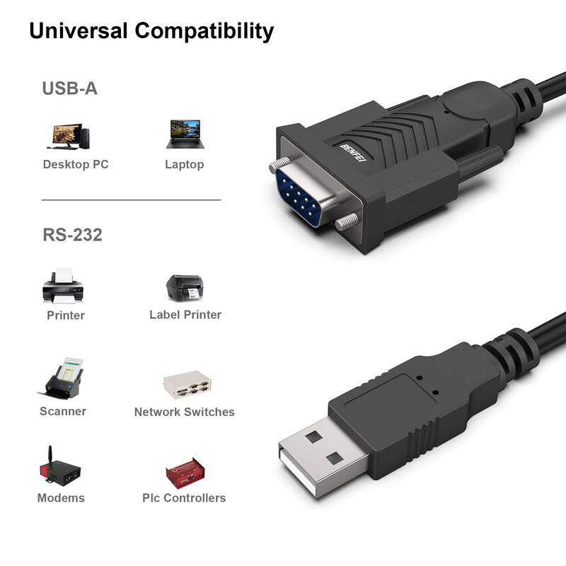 USB to Serial Adapter, BENFEI USB to RS-232 Male (9-pin) DB9 Serial Cable, Prolific Chipset, Windows 10/8.1/8/7, Mac OS X 10.6 and Above, 1.8M
