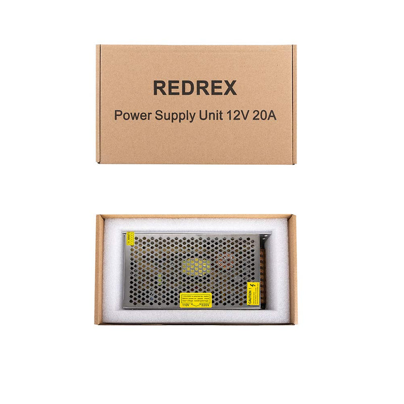 Redrex 12V 20A Power Supply 240W AC DC Adapter Universal Regulated Transformer Switch for 3D Printers LED Strip Lights CCTV Computer Project Security System