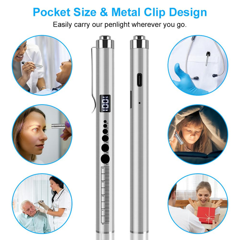 Flintronic Upil Light Medicine, 1 Piece Diagnostic Light with Digital Display, Pupil Meter and Ruler, Rechargeable USB LED Pen Lamp for Nurses, Students, Doctors (Silver) Type-c silver 1pc