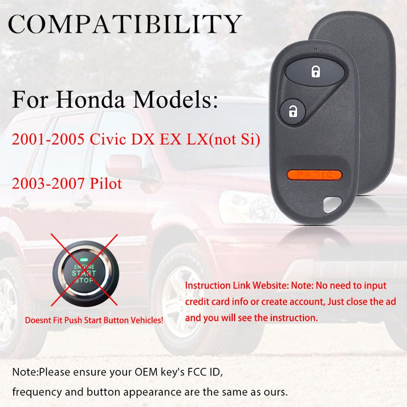 [AUSTRALIA] - Key Fob Remote Replacement Fits for Honda Civic 2001 2002 2003 2004 2005 / Honda Pilot 2003 2004 2005 2006 2007 NHVWB1U523 / NHVWB1U521 Keyless Entry Remote Control 72147-S5A-A01 