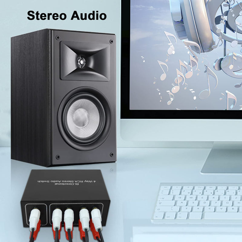 [AUSTRALIA] - 4-Way Stereo L/R Sound Channel Bi-Directional Audio Switcher, 1 in 4 Out or 4 in 1 Out, L/R Sound Channel Audio Switch Splitter RCA Stereo Switch Selector for DVD Stereo Speaker CD Player Bi-Directional RCA Switch 4 Port 