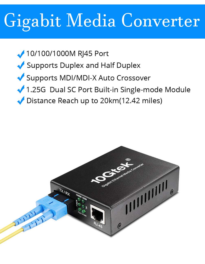 Fiber to Ethernet Media Converter, Gigabit Single Mode Dual SC Converter, Built-in Fiber Module up to 20km, Dual SC to 10/100/1000M RJ45, SMF, 1310nm SMF,SC,20km X1