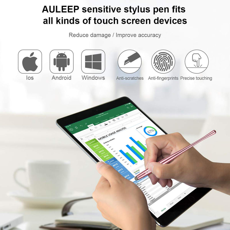 AULEEP Capacitive Stylus Pen for Touch Screen 2 Pack with 4 Nanofiber Tips Compatible for Phones, Tablets, iPads, Kindles (Silver and Rose Gold) 2P-Silver, Rose Red