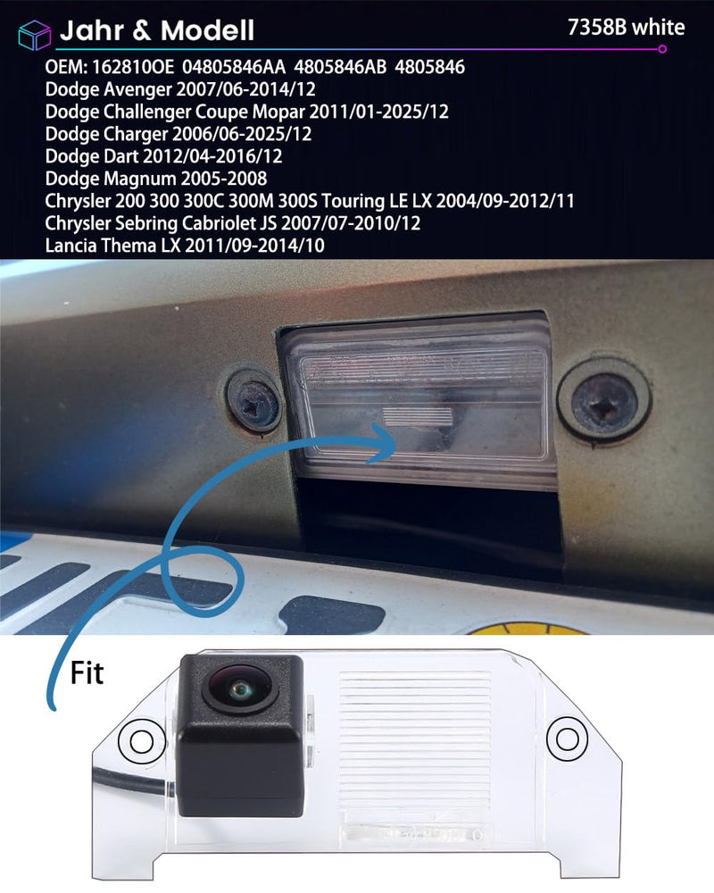 HD 170° Wide Angle License Plate Light Rear View Reversing Backup Camera Parking Aids System Compatible with Dodge Charger/Challenger/Magnum/Avenger/Dart/Chrysler 300 300C Touring 300M LX/Lancia Thema