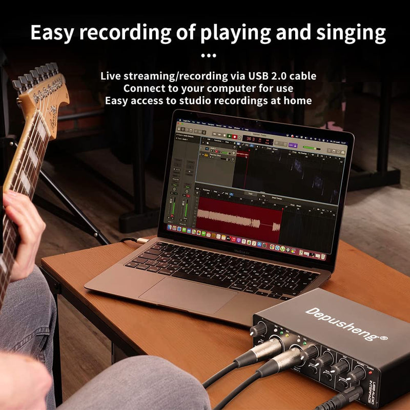 Depusheng RX2 usb audio interface computer recording sound card, home studio audio interface, can connect 48V condenser microphone, guitar recording