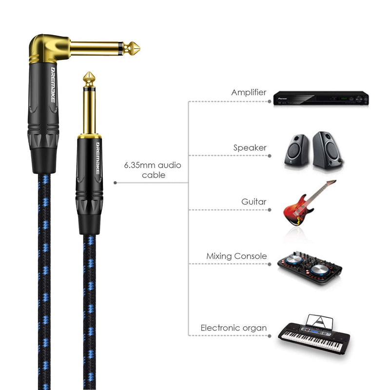 DREMAKE Cable 1/4" (6.3mm) Straight to Right Angle, Black/Blue Braided Tweed 1/4 Inch to 1/4 Inch Patch Cord, 25FT Instrument Guitar Cable for Keyboards, Electric Mandolin, Pro Audio to Amp 25FT/7.5M Black&Blue