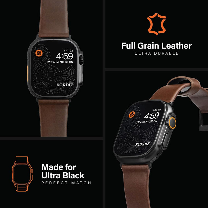 KORDIZ Modern Leather Band - Geniune Full-Grain Leather band compatible with Apple Watch band ULTRA 3 & ULTRA 2/1 [49mm] - Stylish and Durable Minimalist for Your Wrist - Rugged Patina Ultra Black (49mm) | Dark Brown