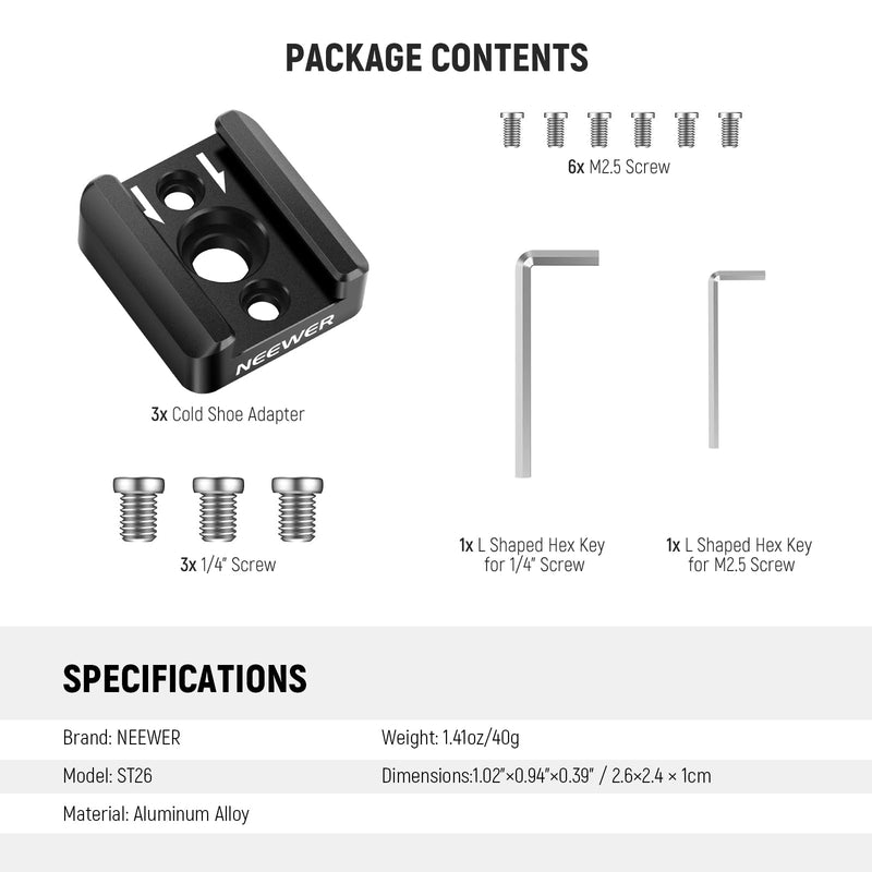 NEEWER 3 Pack Cold Shoe Mount Adapter, Cold Shoe Bracket with 1/4" Thread, Compatible with SmallRig DSLR Camera Cage Microphone LED Light Monitor and More, ST26