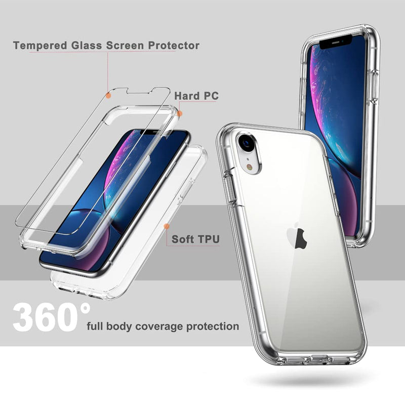 COOLQO Compatible for iPhone XR Case, with [2 x Tempered Glass Screen Protector] Clear 360 Full Body Coverage Hard PC+Soft Silicone TPU 3in1 [Heavy Duty Shockproof Defender] Phone Protective Cover 111_Clear XR 6.1 inch