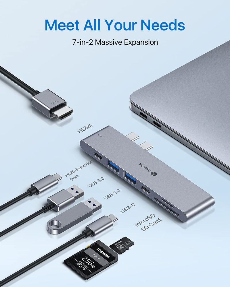 andobil 7-2 USB C Hub Adapters for MacBook (Top Intelligent Chip) Mac Dongle for MacBook Pro Air 13 15 inch M1 2022/2021-2018 with 4K HDMI, 100W PD, 40Gbps TB3 5K@60Hz, USB-C, 2 USB 3.0, SD/MicroSD The Space Grey
