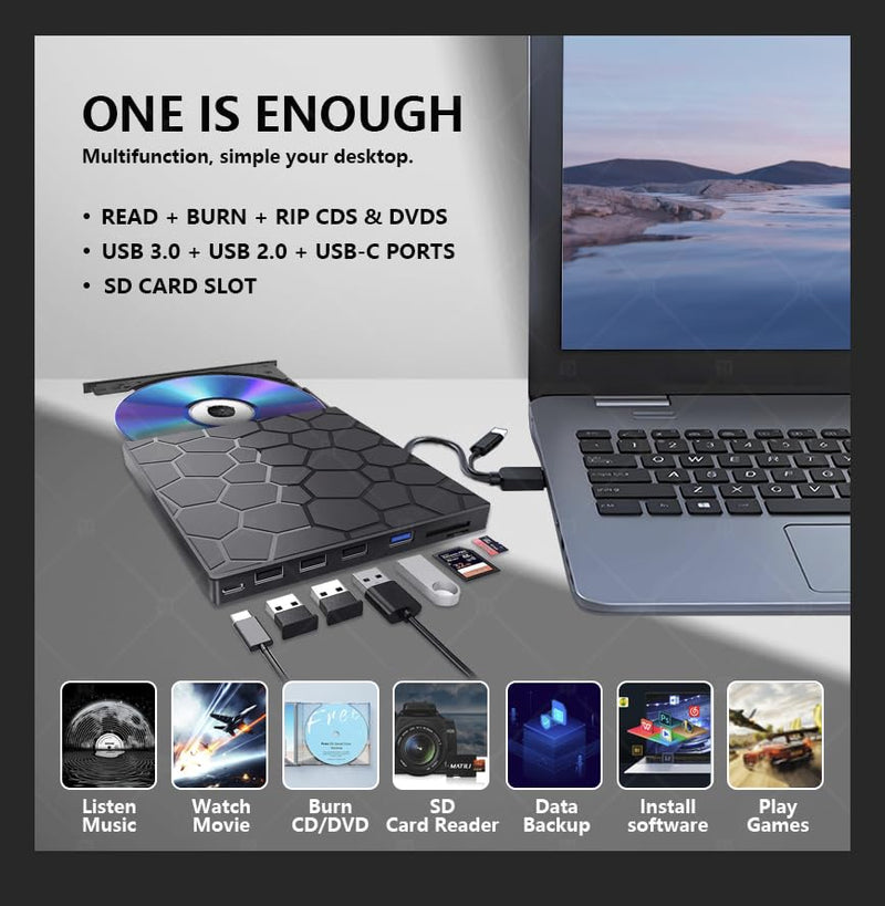 [AUSTRALIA] - External CD/DVD Drive for Laptop, Portable DVD Player for Laptop, 8 in 1 USB 3.0 CD/DVD-ROM +/-RW CD Burner,cd Drive External USB cd Reader Compatible with Desktop Mac,Windows 11/10/8/7 Linux 