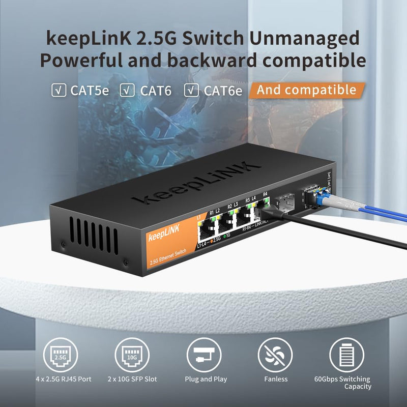 6-Port 2.5G Switch Unmanaged, 4 x 2.5GBASE-T Ports & 2 x 10GBASE-T SFP Slots, 60Gbps Switching Capacity, Plug & Play/Wall Mountable/Fanless Metal, Compatible with 1000Mbps Devices 6 Port 2.5G Unmanaged