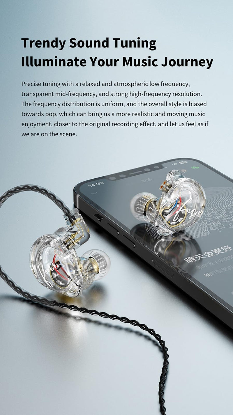 FEDAI TRN CS4 in Ear Monitor Earphone, TRN in-Ear Earbuds with 10mm Dual Magnet Dynamic Driver and New Silicon-Crystal Composite Over Ear Headset with Detachable 2 Pin 0.75MM Cable(with mic,Clear) With mic Transparent
