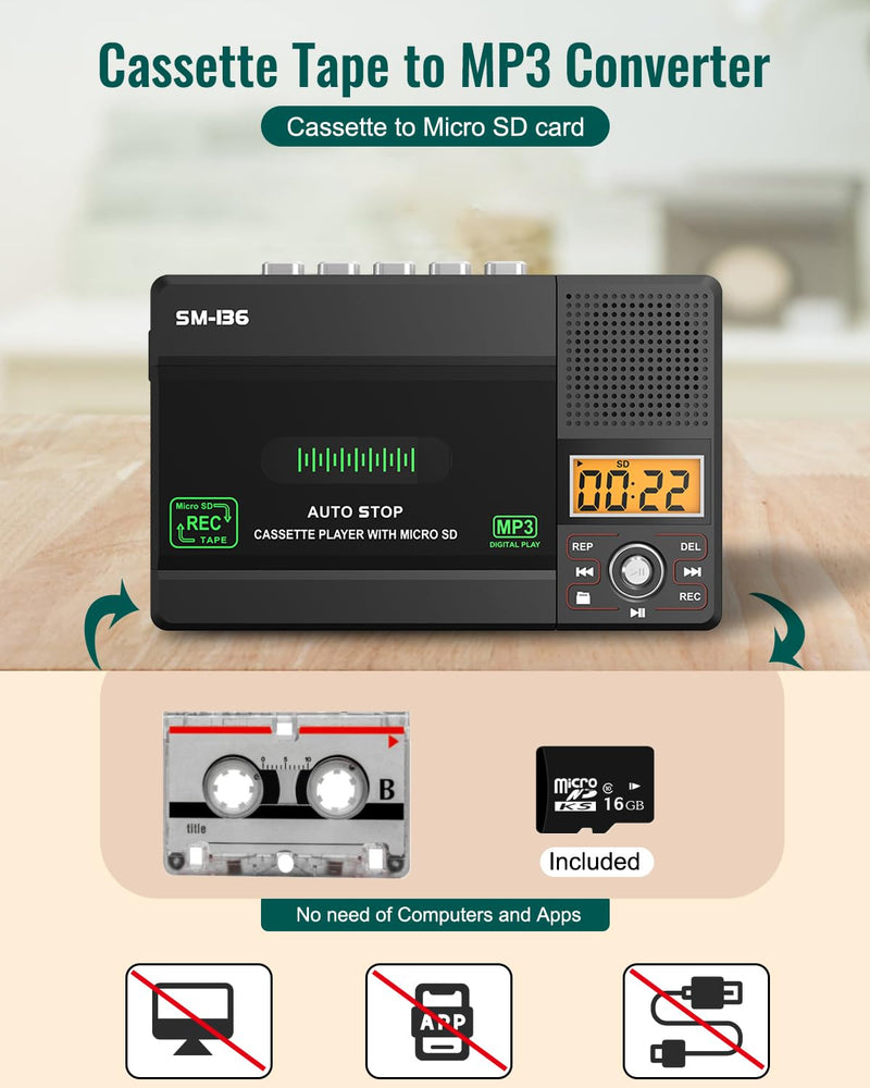 Portable Cassette Tape Player Recorder, Walkman Audio Cassette to Digital Converter via USB C or SD Card, LCD Dispaly, Build-in Microphone, Headphone Jack, Speaker, 16GB SD Card