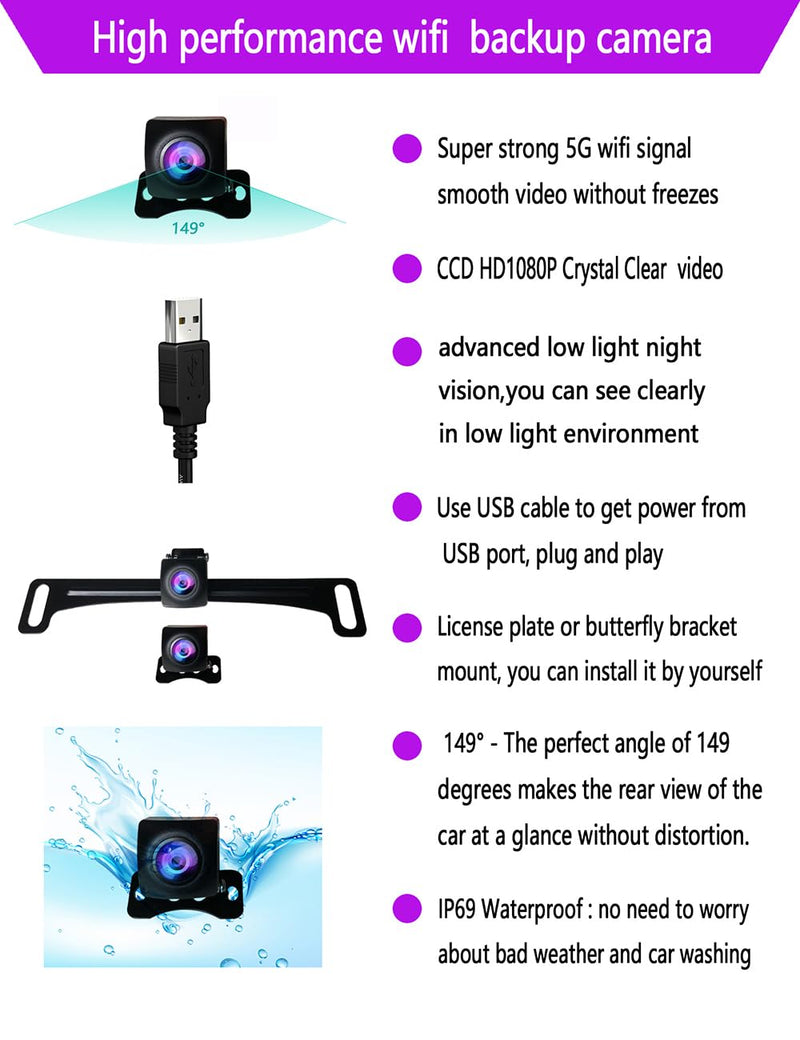 WiFi Backup Camera, Strong 5G WiFi HD1080P Clear Picture, Wide Angle Rear View Reverse Back up Camera, Night Vision Waterproof License Plate Reversing Rearview Camera for Car SUV Pickup iPhone