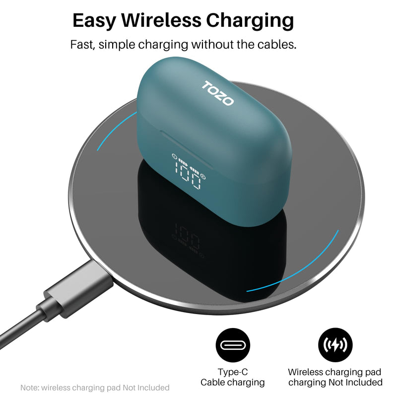 TOZO T20 Wireless Earbuds 97H Playtime, Wireless Charging LED Display Case | 10mm Deep Bass Sound, Dual Mic ENC Clear Calls, IPX8 Waterproof, Bluetooth 5.3, Comfortable Fit Ear Buds For Daily Use, Green