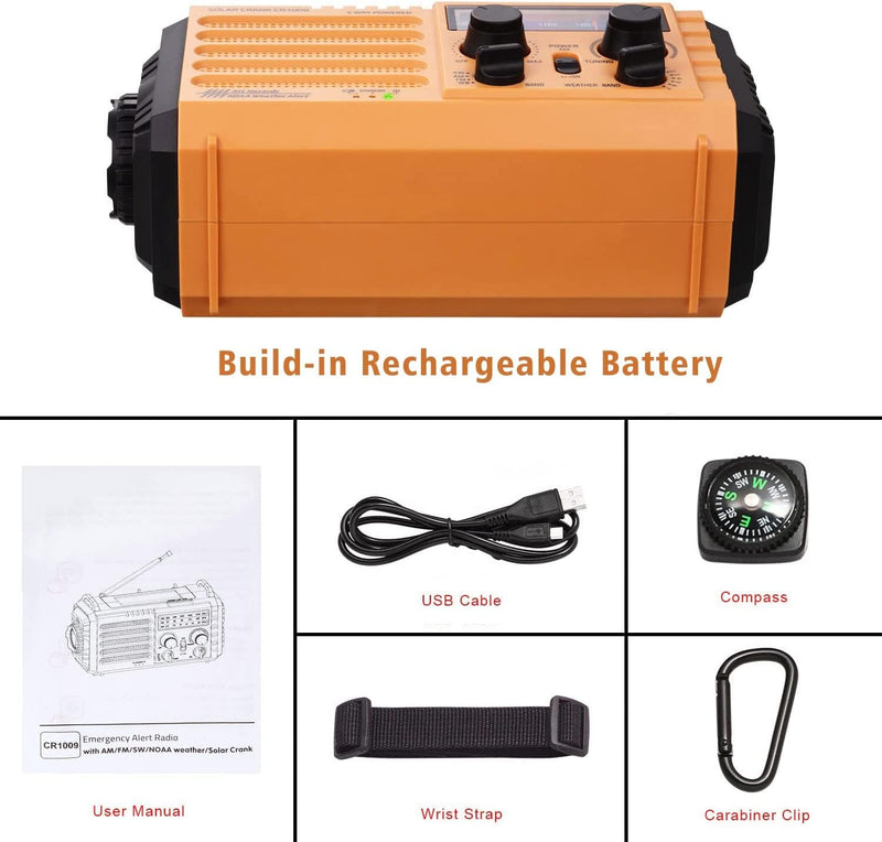 [AUSTRALIA] - 5000 Weather Radio,Solar Hand Crank 5-Way Power Emergency Radio,AM/FM/Shortwave/NOAA Alert Survival Portable Radio,Power Bank USB Charger,Camping Flashlight,Reading Lamp,Headphone Jack,SOS,Compass Yellow 