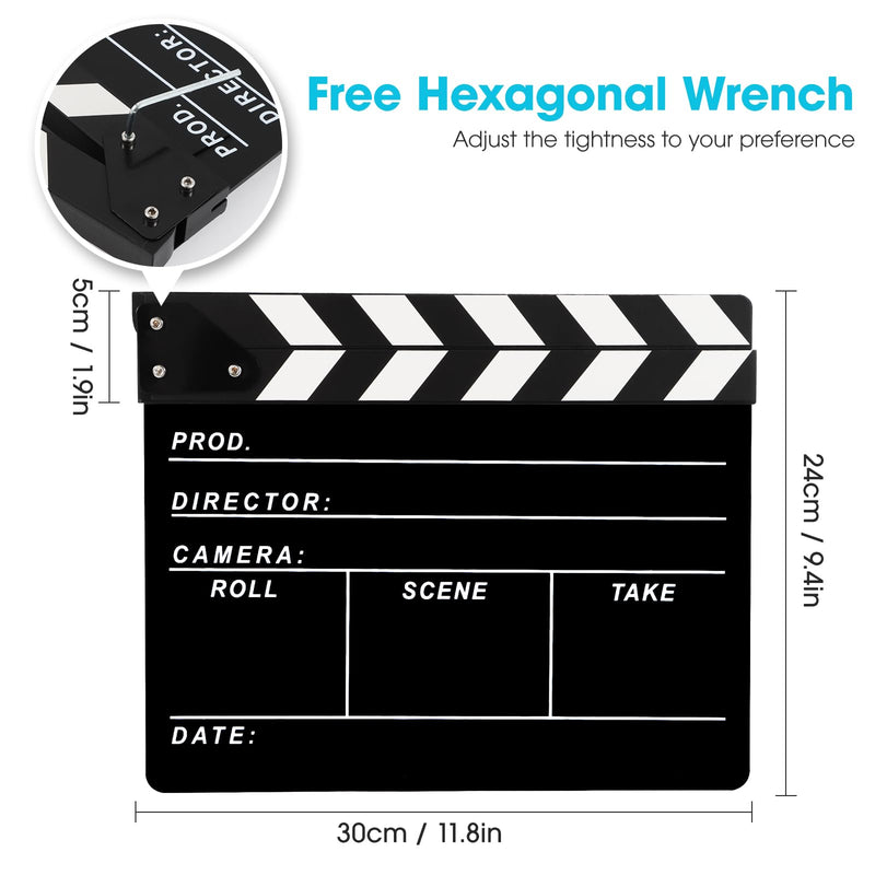 Directors Clapboard for Film, Hollywood Slate Move Photography Video TV Cut Action Scene Acrylic Clapper Board with a Magnetic Blackboard Eraser, Two Custom Pens, Cleaning Cloth and Hex Wrench