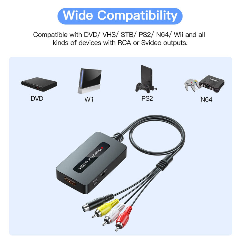 RCA Svideo to HDMI Converter with HDMI Cable(RCA and Svideo Integrated), RCA S-Video HDMI Converter, CVBS Composite AV to HDMI Converter
