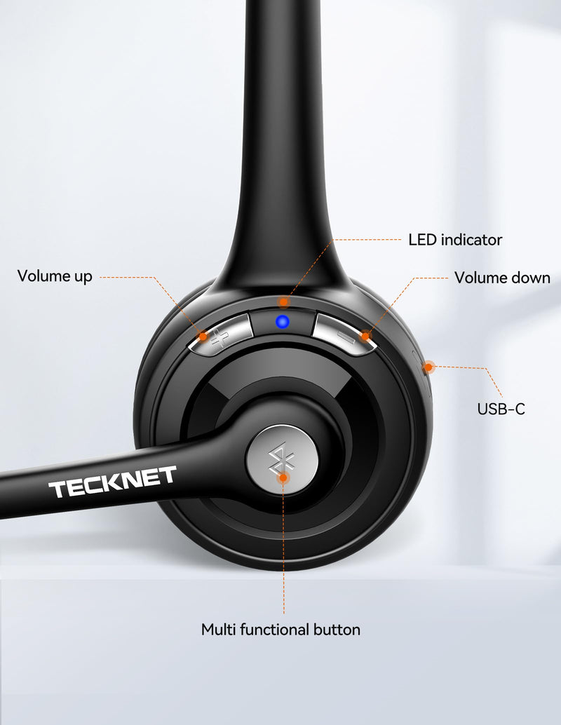 TECKNET Bluetooth Headset, Wireless Headset with Noise Canceling Microphone for Trucker, On-Ear Bluetooth Headphone with Mute Mic for Work Black & White