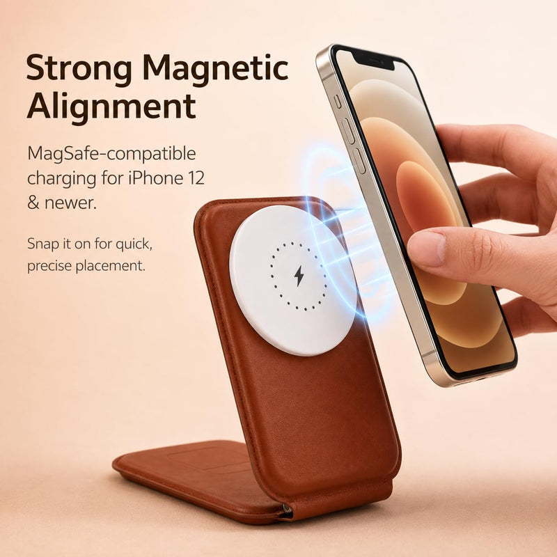 Trio 3-in-1 Wireless Charging Station for iPhone 12 and Newer, Apple Watch and AirPods, Foldable MagSafe-Compatible Charger Stand, Compact Leather-Look Travel Dock, Brown