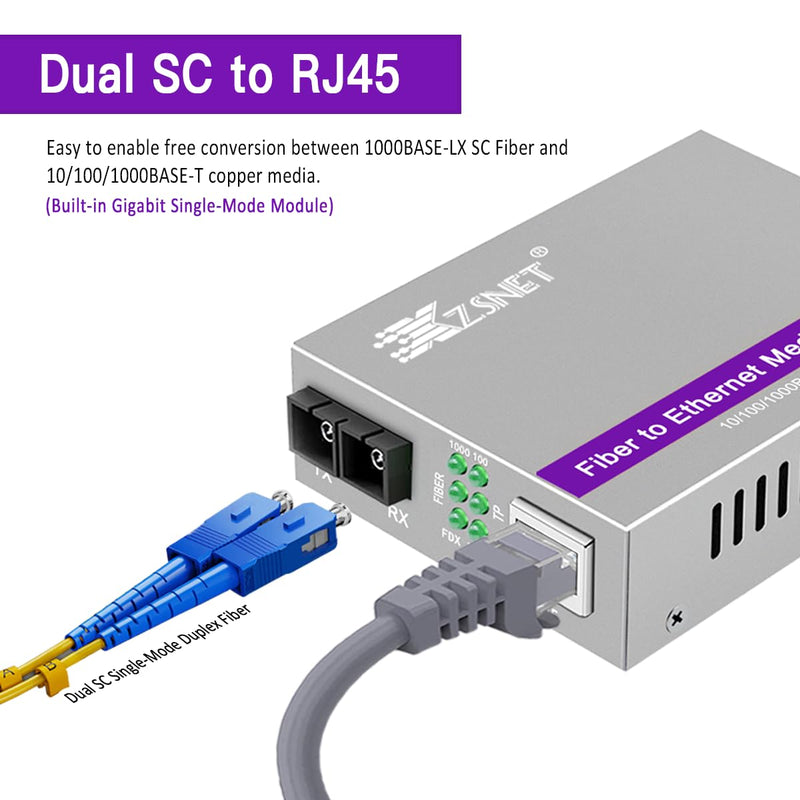 A Pair of Gigabit SC to RJ45 Converter, Single-Mode Fiber to Ethernet Media Converter (Built-in Module, 1310nm, 20km), Plug & Play, 10/100/1000 Base-T Compatible, Auto-Negotiation, Jumbo Frame SingleMode Dual SC:20km