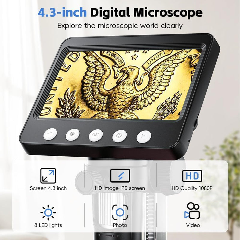 [AUSTRALIA] - 4.3" Digital Microscope for Adults, SKYEAR Coin Microscope 1000X Magnification with 8 Ajustable LED Fill Lights, USB Microscope for Windows/MacOS, Coin Collection Supplies-Black Black 