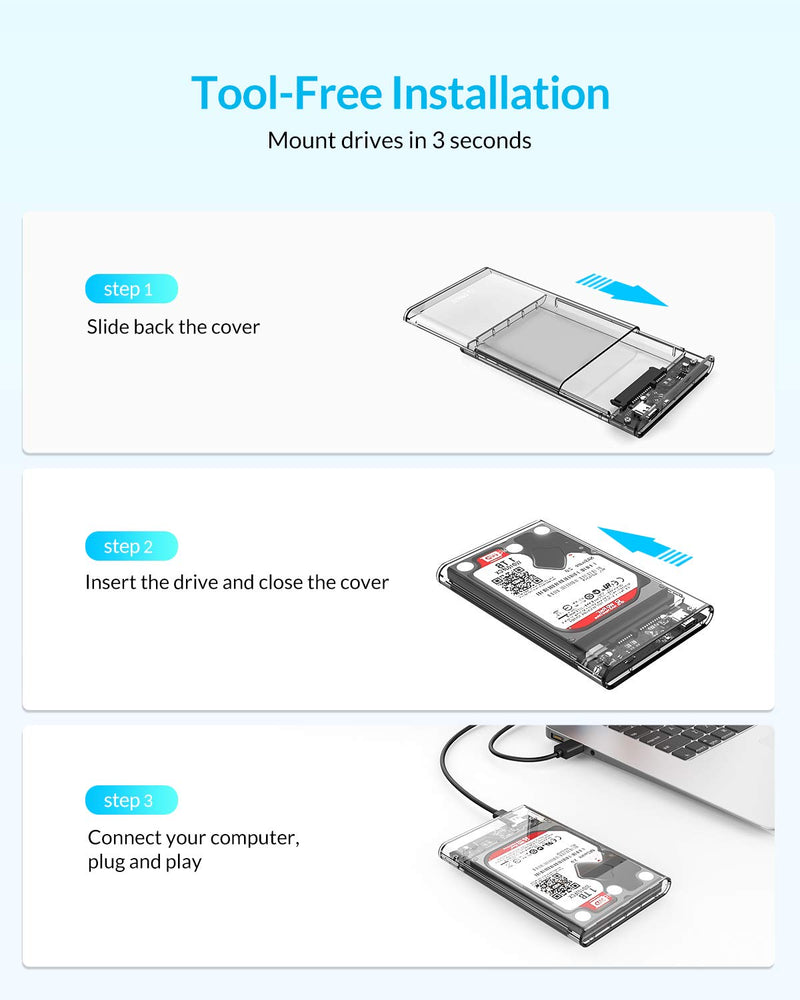 ORICO 2.5'' USB 3.0 External Hard Drive Enclosure USB3.0 to SATA Portable Clear Hard Disk Case for 2.5 inch 7mm 9.5mm SATA HDD SSD Max 4TB Support UASP and Tool-Free(2139U3)