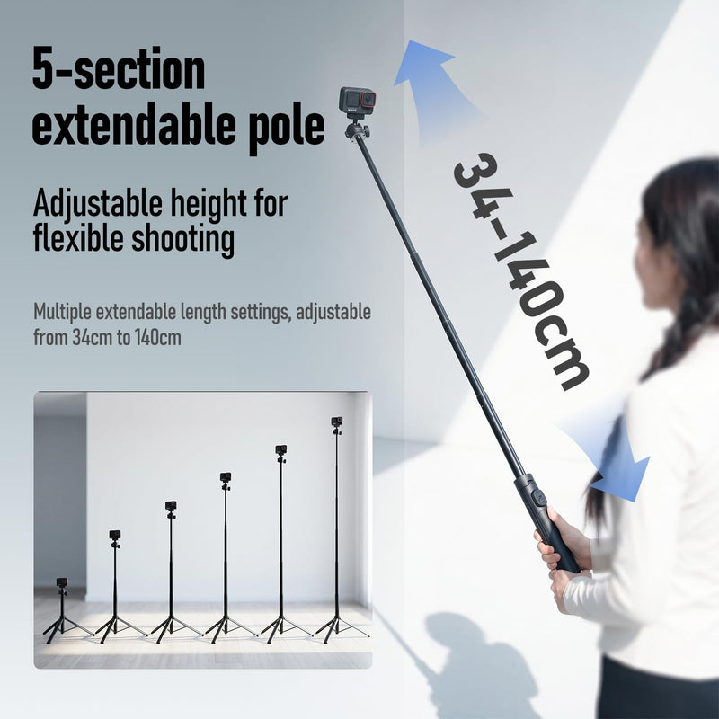 Ambitful Bluetooth Tripod Selfie Stick, Magnetic Mount for Insta360（IT07B | For Insta360 Ace Pro/X5/X4 ,2-in-1 13.3''-55.1'' selfie stick and tripod, Bluetooth remote 360 ball head, 1.5kg load IT07B