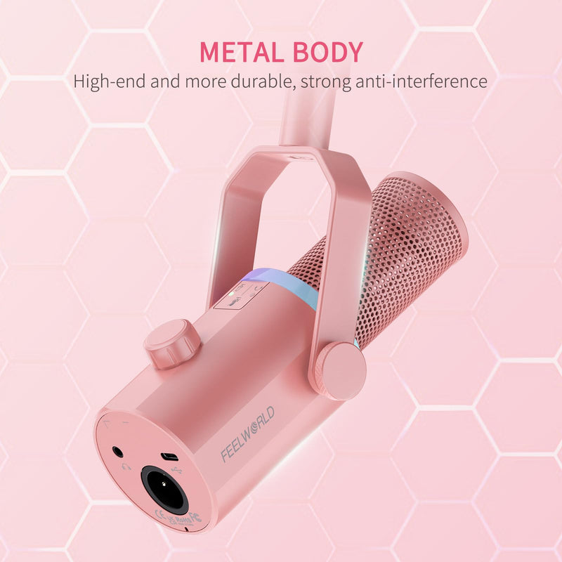FEELWORLD PM1 XLR USB Dynamic Microphone Gifts for Podcast Recording PC Computer Gaming Live Streaming Vocal Voice-Over, Studio Metal Mic with RGB Light, Mute Button, Headphones Jack (Pink) Pink