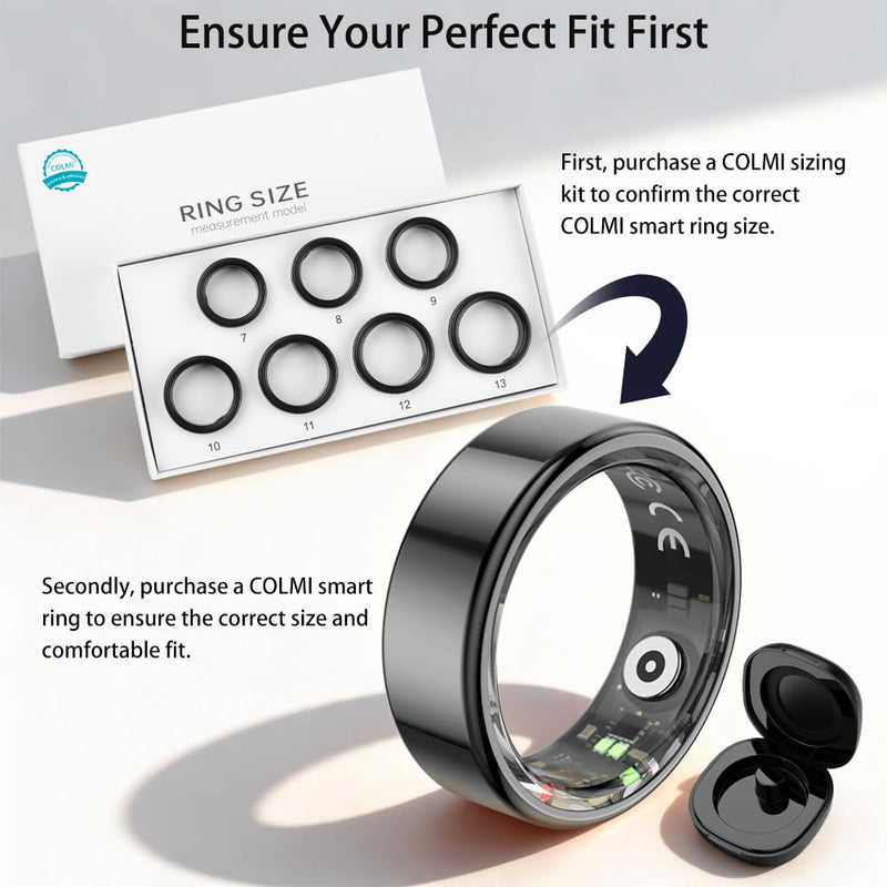 COLMI R02 Smart Ring, Smart Ring for Women and Men, No Subscription Fee, with a Charging Case, Supports Heart Rate, Blood Oxygen, Sleep Health Monitoring. (Black, 9#)