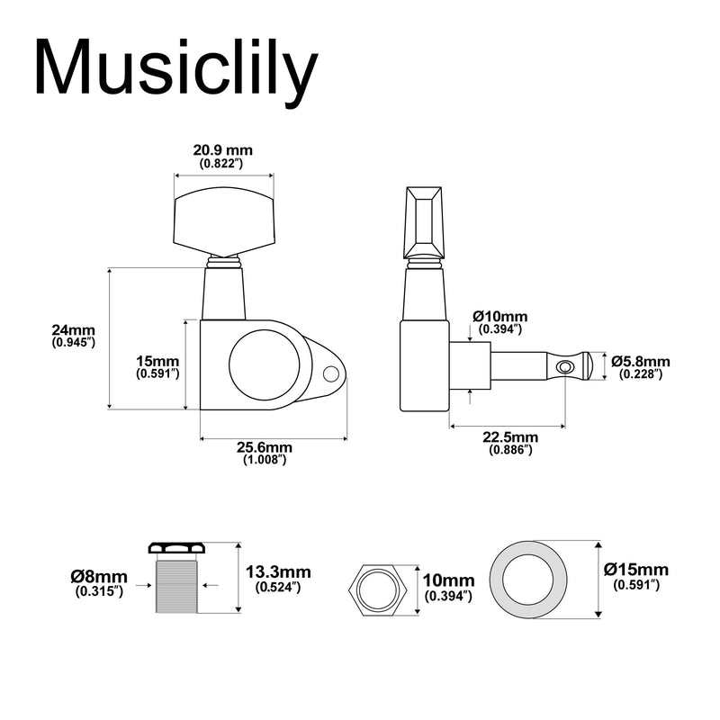 [AUSTRALIA] - Musiclily Basic R15A 3R3L 15:1 Ratio Full Sealed Machine Heads Tuners Tuning Pegs Keys with Big Hex Button Right Angle Screw for Acoustic Electric Guitar, Chrome 3R3L Chrome 