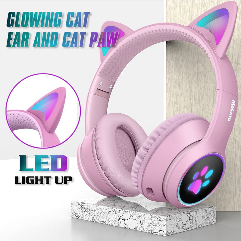 Mokata Gaming Bluetooth 5.0 Wireless Headphones Over Ear Cat LED Light Foldable Music Headset with AUX 3.5mm Microphone (Built-in) for Adult & Kids PC TV Game Music Pad Laptop Cellphone Pink Bluetooth Wireless