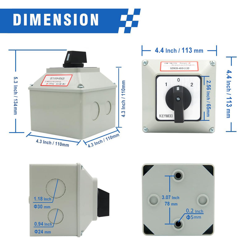40A Changeover Switch with Exterior Box, 4 Positions 3 Poles, Universal Selector Switch, Cam Switch Box IP65
