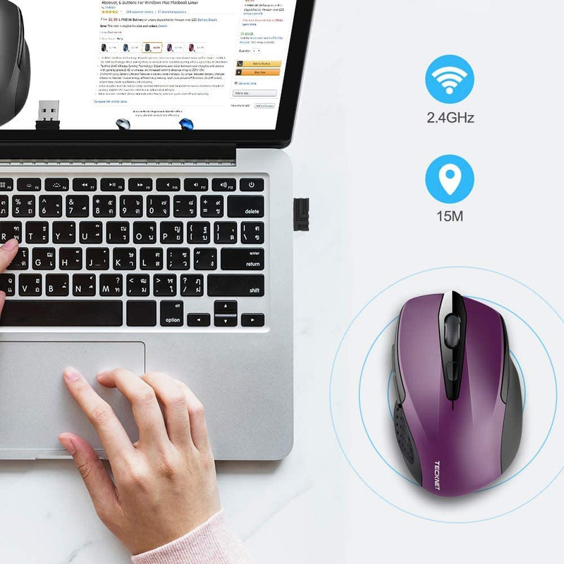 Wireless Mouse, TECKNET Pro 2.4G Ergonomic Wireless Optical Mouse with USB Nano Receiver for Laptop,PC,Computer,Chromebook,Notebook,6 Buttons,24 Months Battery Life, 2600 DPI, 5 Adjustment Levels Purple