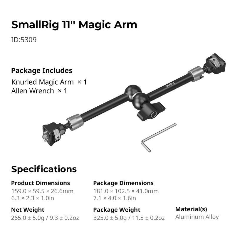 [AUSTRALIA] - SMALLRIG 11'' Magic Arm with 1/4"-20 Screws & Spring-Loaded Pins, 1.5kg Load Capacity, 360° Dual Ball Head, Non-Slip Design for Cameras/Lights/Monitors/Mics/Phones – 5309 1-Pack (Upgraded Version) 