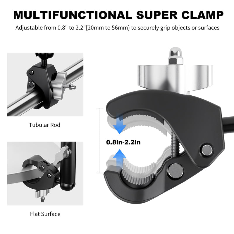 Double Super Clamp Camera/Umbrella Mount,360° Magic Long Arm Pole Clamp,Double Ball Head Adapter for Photo Studio Light Stand,Gopro,Golf Carts,Motorcycle,Cross Bars,Strollers (Black) Black