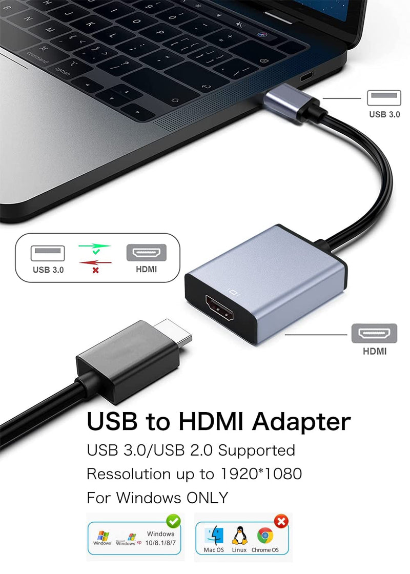 USB to HDMI Adapter, USB 3.0/2.0 to HDMI for Multiple Monitors 1080P Compatible with Windows XP/7/8/10/11, Grey