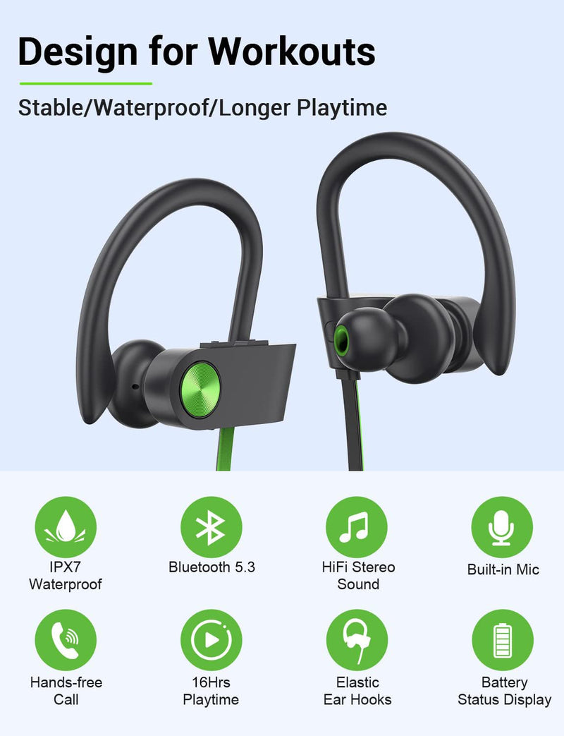 Stiive Bluetooth Headphones, 5.3 Wireless Sports Earbuds IPX7 Waterproof with Mic, Stereo Sweatproof in-Ear Earphones, Noise Cancelling Headsets for Gym Running Workout, 16 Hours Playtime - GreenBlack A,GreenBlack