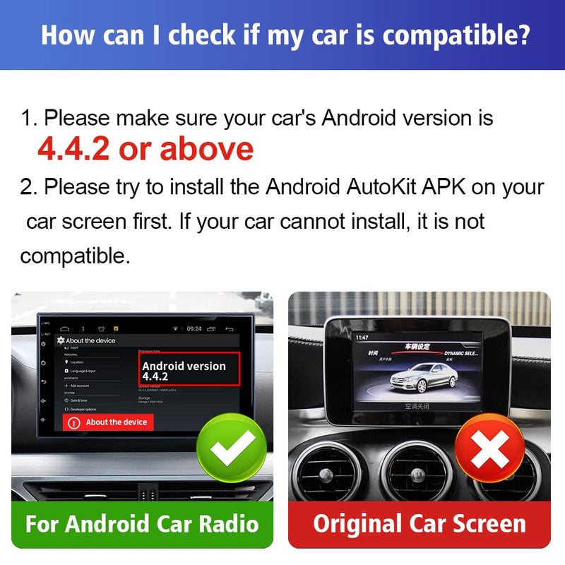 Carlinkit Wireless CarPlay USB Adapter CPC200-CCPA for Android Car Radios | for Android Version 4.4.2 or Above. APK must be installed. Supports screen mirroring. To Wireless CarPlay Android Auto