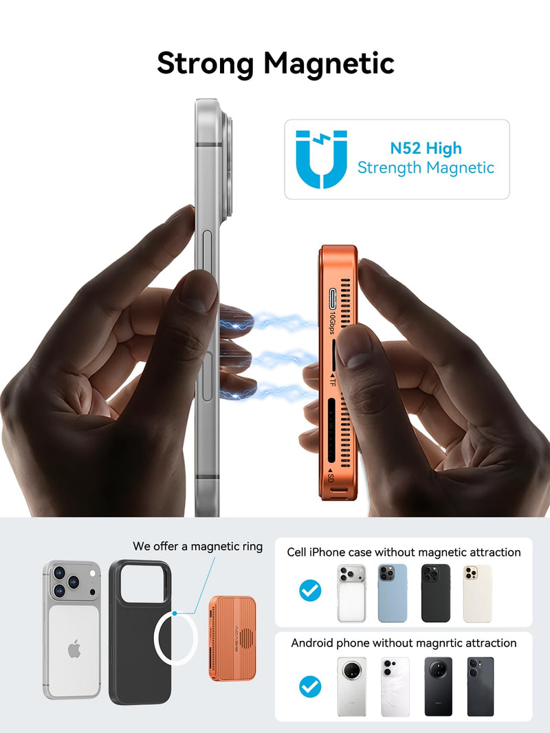 ACASIS 10Gbps Magnetic M.2 NVMe SSD Enclosure With 4K ProRes Recording M.2 EnclosureCompatible IPhone 17/16/15 Pro/Pro Max Magnetic SSD Enclosure with Cooling Fan For Video Editor/Blogger/Videographer orange