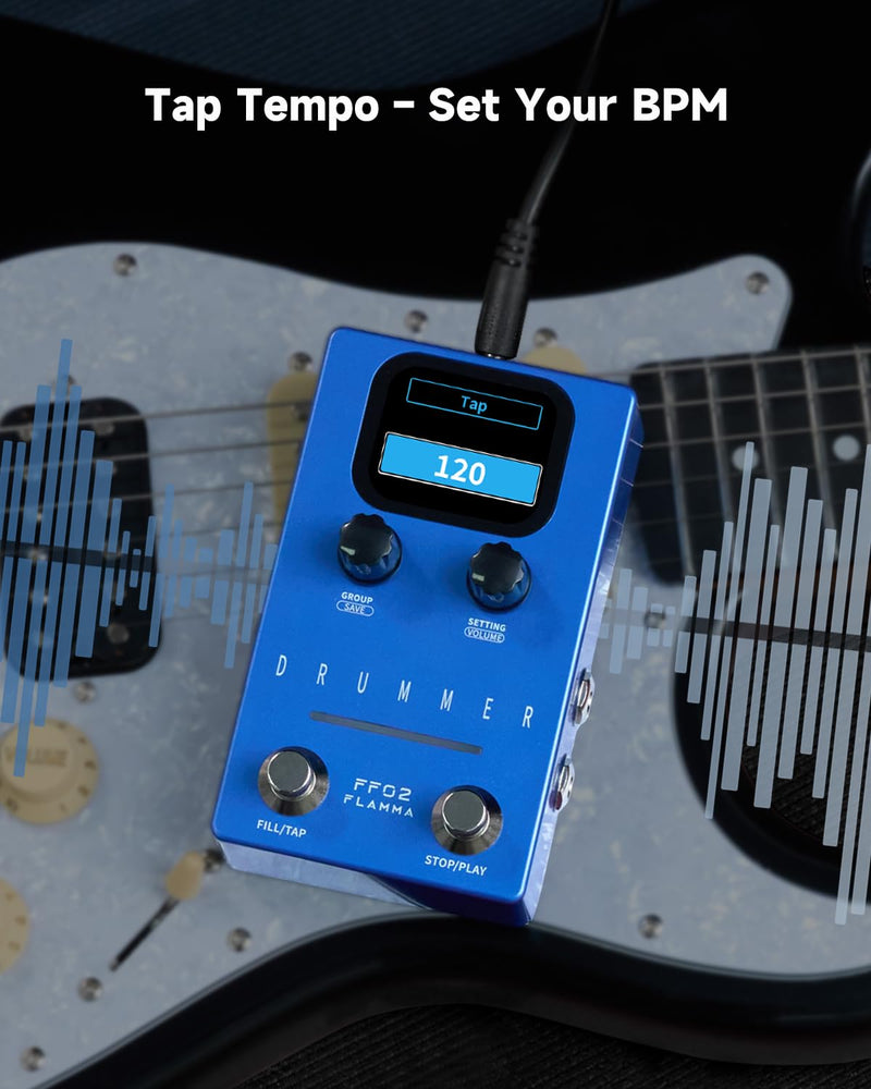 FLAMMA FF02 Drum Machine Guitar Pedal - 121 Drum Grooves, 11 Music Genres, Tap Tempo, Adjustable Rhythms, Stereo I/O for Live & Studio Use Drum Blue