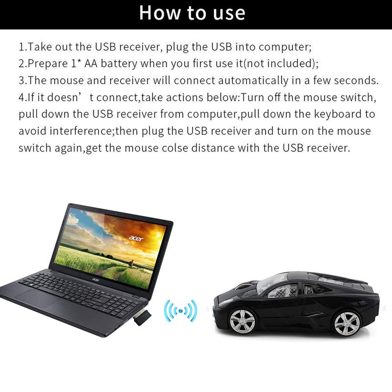 jinfili 2.4GHz Sports Car Wireless Mouse Optical Cool 1600DPI 3D USB Wireless Gaming Mice for Pc Laptop Windows 10 Black
