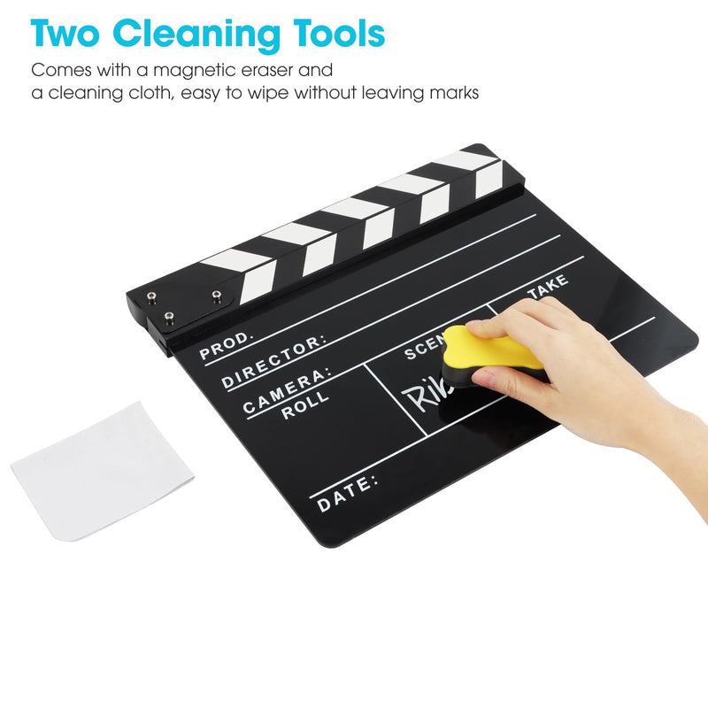 Directors Clapboard for Film, Hollywood Slate Move Photography Video TV Cut Action Scene Acrylic Clapper Board with a Magnetic Blackboard Eraser, Two Custom Pens, Cleaning Cloth and Hex Wrench