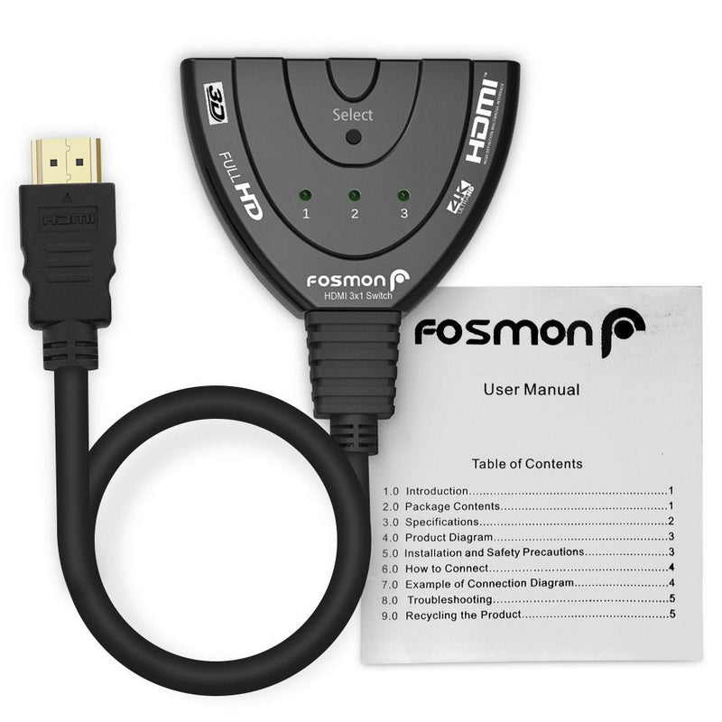 Fosmon 4K HDMI Switch 3 in 1 out 4K@30Hz, 3-Port HDMI Splitter Hub Switcher Auto Switching UHD 3D HDR HD 1080P HDCP, for HDTV, PS5/4, Xbox, Fire Stick 3-Port / 4K@30Hz